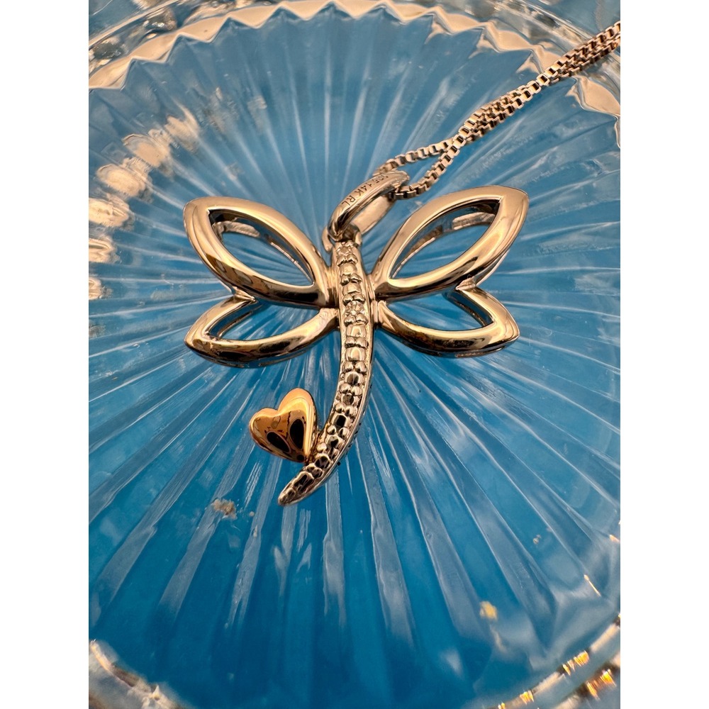 Dragonfly Necklace Sterling Silver 14K Gold Heart Mixed Metal